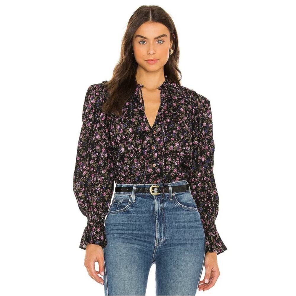 Free People Meant to Be Black Purple Floral Puff Sleeve Smocked Cotton Blouse S